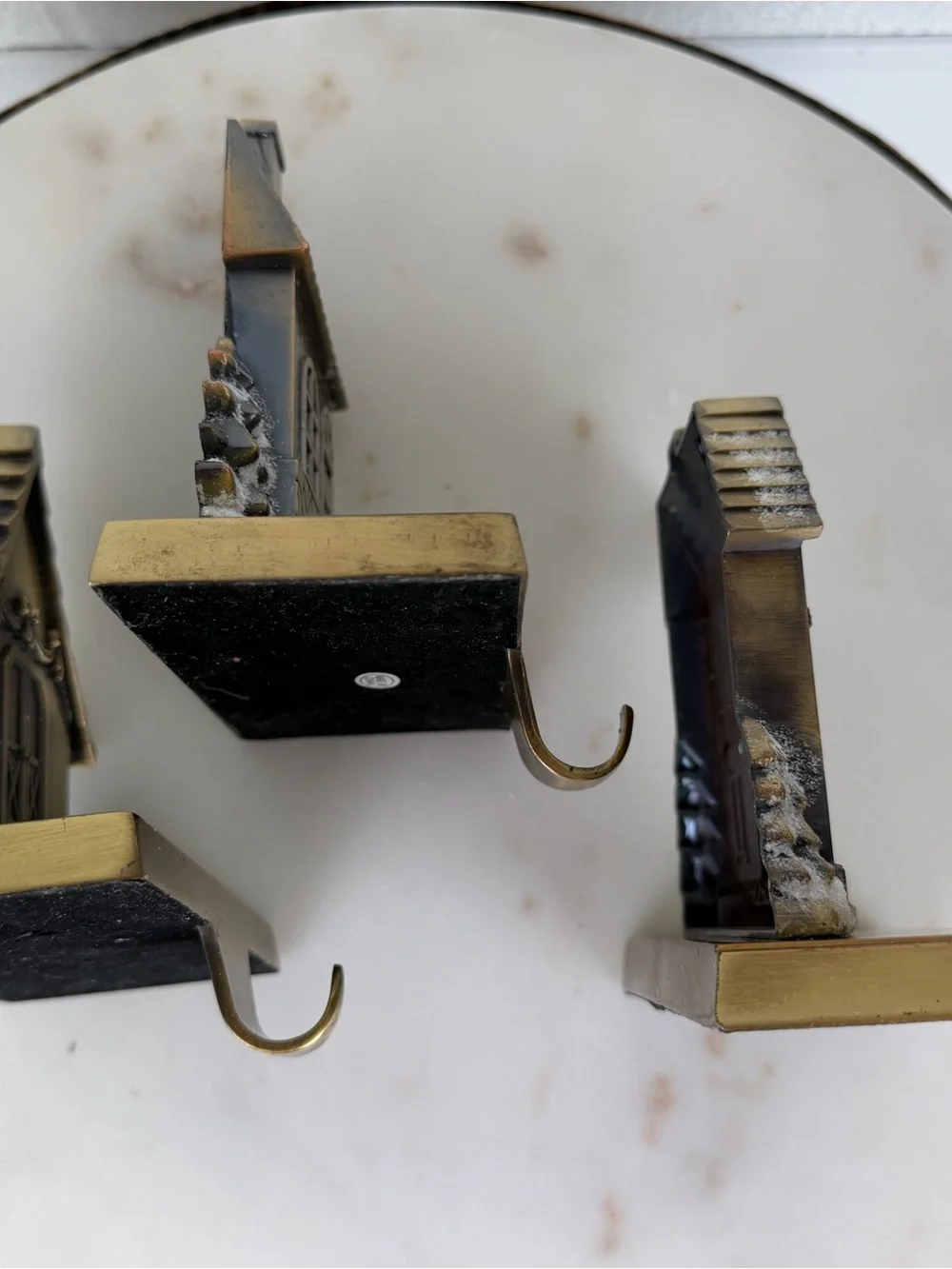 Vintage 1990’s Brass Christmas Village Stocking Holders Set/3 House Mantel Hooks